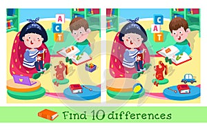 Find 10 differences. Game for children. Vector color illustration. Cute children read books. Cartoon girl and boy in