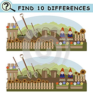 Find 10 differences. Garden gnomes with tools.
