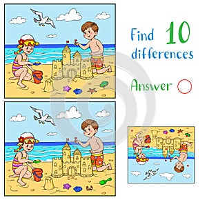 Find 10 differences. A girl and a boy are playing on the beach near the sea. The boy is building a sandcastle.