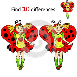 Find 10 differences girl in costume Ladybug