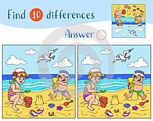 Find 10 differences. Happy children play in the sand on the beach near the sea, a seagull flies in the sky.