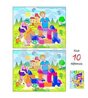 Find 10 differences. Illustration of boy and girl playing in the garden. Logic puzzle game for children and adults. Page for kids