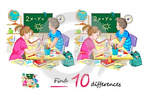 Find 10 differences. Illustration of boy and girl studying at school. Logic puzzle game for children and adults. Page for kids