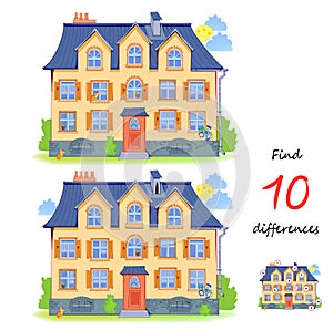 Find 10 differences. Illustration of a cute house with windows. Logic puzzle game for children and adults. Page for kids brain