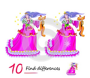 Find 10 differences. Illustration of fairy princess with firebird. Logic puzzle game for children and adults. Page for kids brain