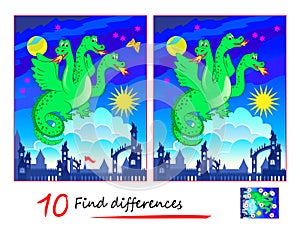Find 10 differences. Illustration of fairy three-headed green dragon. Logic puzzle game for children and adults. Page for kids