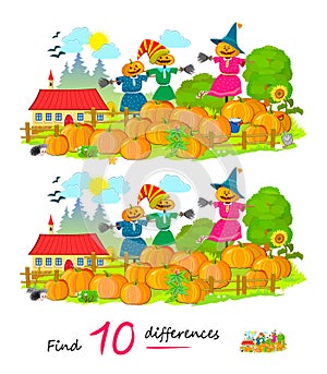 Find 10 differences. Illustration of garden scarecrows with pumpkins. Logic puzzle game for children and adults. Page for kids
