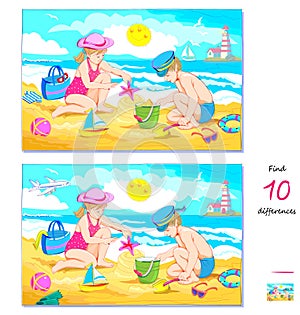 Find 10 differences. Illustration of kids playing in summer beach. Logic puzzle game for children and adults. Page for brain