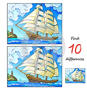 Find 10 differences. Illustration of a seascape with sailboat. Logic puzzle game for children and adults. Educational page for