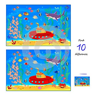 Find 10 differences. Illustration of submarine and underwater life. Logic puzzle game for children and adults. Page for kids brain