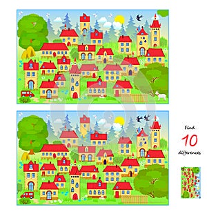 Find 10 differences. Illustration of village landscape. Logic puzzle game for children and adults. Page for kids brain teaser book