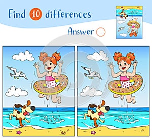 Find 10 differences. Joyful girl and dog are jumping into the sea on the beach, a seagull is flying in the sky.