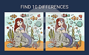 Find 10 differences. Mermaid sea game.