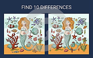 Find 10 differences. Mermaid sea game.