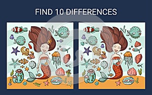 Find 10 differences. Mermaid sea game.