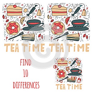 Find 10 differences. Set of sweet stuffs. Cakes, donuts, tea and sweets.