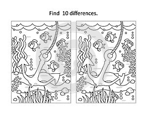 Find 10 differences underwater life scene wiith anchor