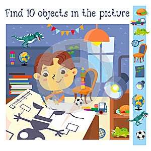 Find 10 hidden objects. Educational game for children. Cute boy draws models of robot. Cartoon character. Vector