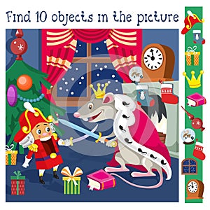 Find 10 hidden objects. Educational game for children. Nutcracker and Mouse King at Christmas night. Cute cartoon