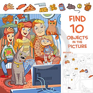 Find 10 hidden objects in picture. Family watches TV together
