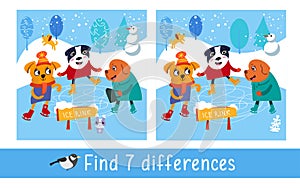 Find 10 hidden objects in picture. Funny dogs animals in forest at skating rink. New Year, Christmas tree. Puzzle with