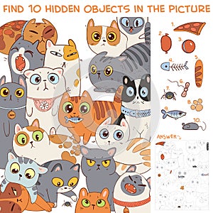 Find 10 hidden objects in the picture. Group of different cats