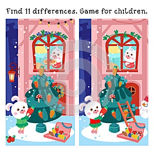 Find 11 differences. Game for children. Cute mother rabbit carries Christmas cake. Little bunny girl decorates Christmas tree.