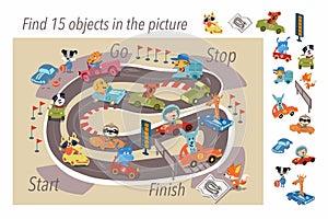 Find 15 hidden objects in picture. Cute animals in cars on track. Children Game. Activities, vector illustration.