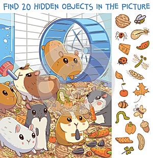 Find 20 hidden objects in the picture. Hamsters in a cage