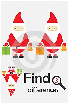 Find 3 differences, christmas game for children, Santa Claus in cartoon style, education game for kids, preschool worksheet activi