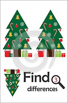 Find 3 differences, christmas game for children, xmas tree in cartoon style, education game for kids, preschool worksheet activity
