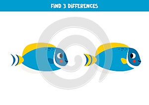 Find 3 differences between two cute blue tang fish