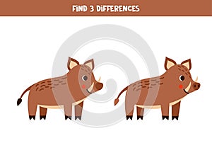 Find 3 differences between two cute cartoon boars