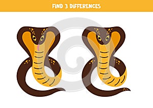 Find 3 differences between two cute cartoon cobras.