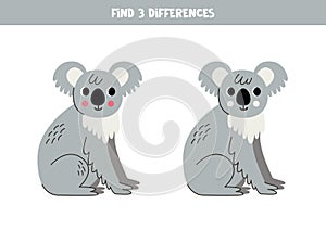 Find 3 differences between two cute cartoon koalas