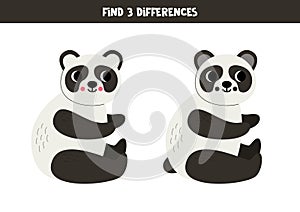 Find 3 differences between two cute cartoon pandas.