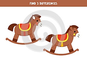 Find 3 differences between two cute cartoon rocking horses.