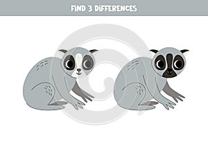 Find 3 differences between two cute cartoon slow loris.