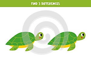 Find 3 differences between two cute green turtles