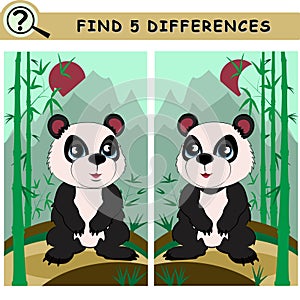 Find 5 differences. Cartoon character panda bearin bamboo forest.