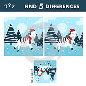 Find 5 differences. Christmas winter zebra. Game for children