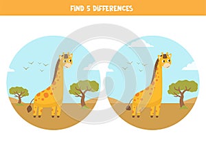 Find 5 differences. Educational game with cartoon giraffes