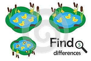 Find 5 differences, game for children, pond with ducks in cartoon style, education game for kids, preschool worksheet activity,