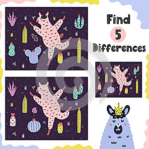 Find 5 differences game for kids with funny alpaca