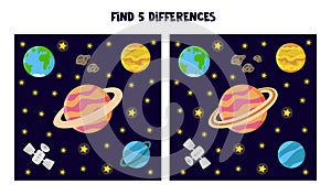 Find 5 differences between pictures. Space themed worksheet for kids.