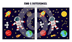 Find 5 differences between pictures. Space themed worksheet for kids.