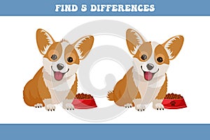 Find 5 differences between two cartoon corgi dogs. Children\'s logic game, educational puzzle