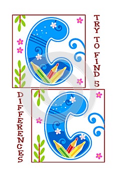 Find 5 differences visual puzzle or picture riddle with decorated letter C