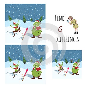 Find 6 differences. Educational game for children. Cartoon goblins in Santa`s hat with firework. Christmas puzzle