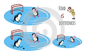 Find 6 differences. Educational game for children. Cartoon penguins playing hockey. Winter sport. Kids puzzle